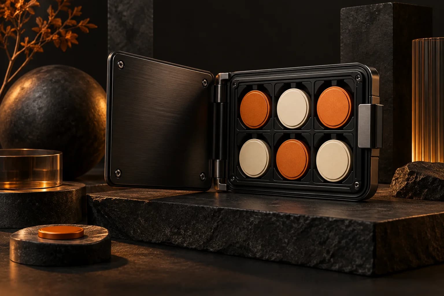 A black metal wallet-like safe with orange and ivory unmarked discs held in individual secure compartments