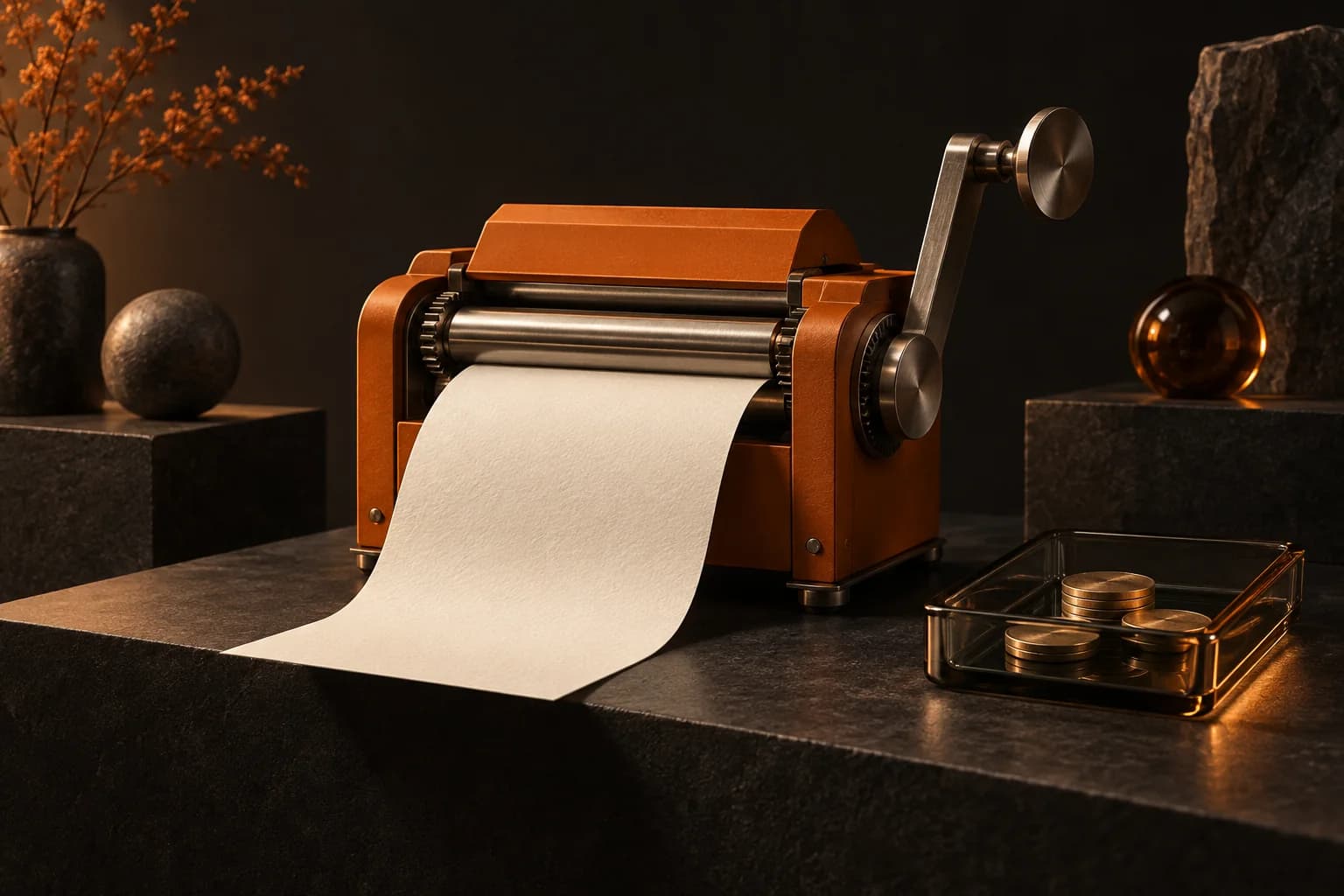 A beautifully crafted ivory paper manuscript emerging from a compact orange mechanical writing press beside a small glass payment tray