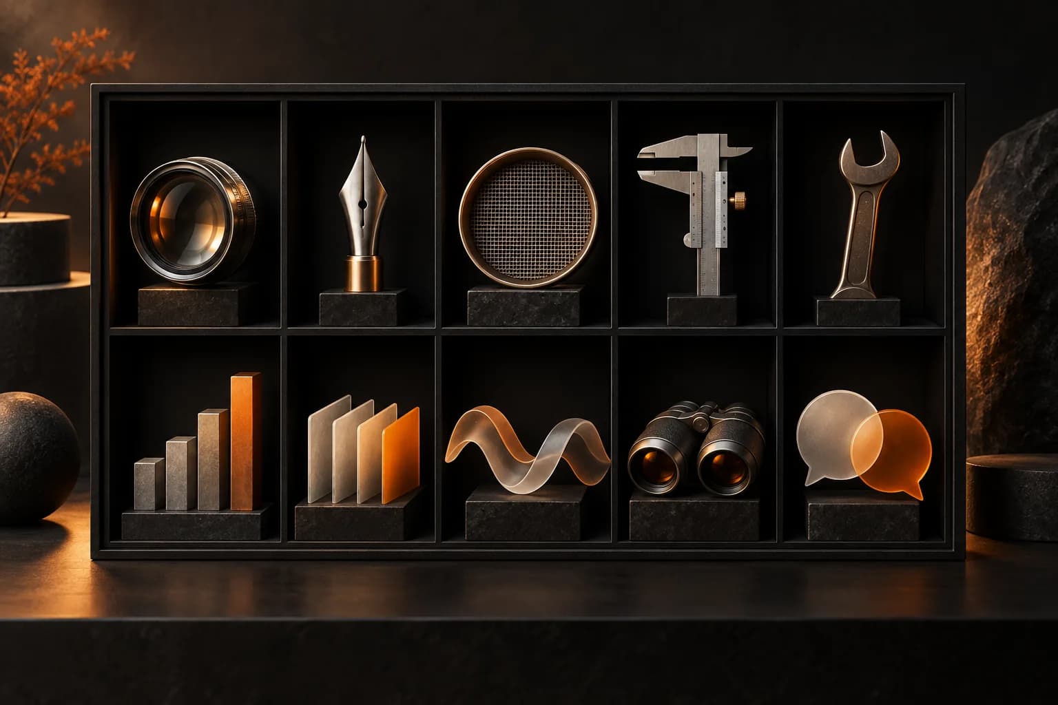 Ten small distinct task-tool sculptures neatly arranged in an open black specimen cabinet: lens, pen nib, sieve, caliper, wrench, chart bars, sorting dividers, waveform ribbon, binoculars, paired speech forms