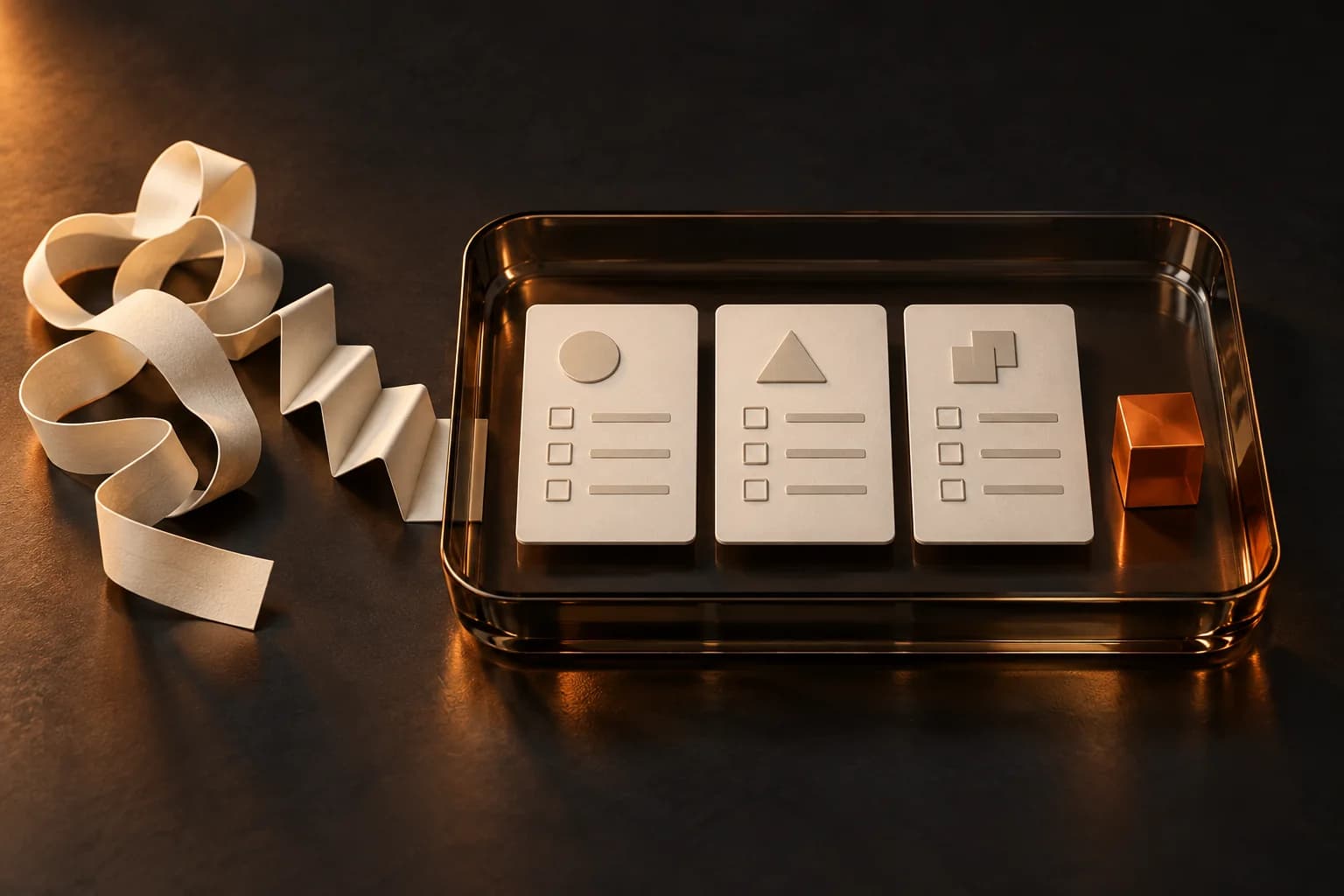 Ivory task cards arranged in a smoked-glass tray beside an orange cube and a folded paper ribbon.