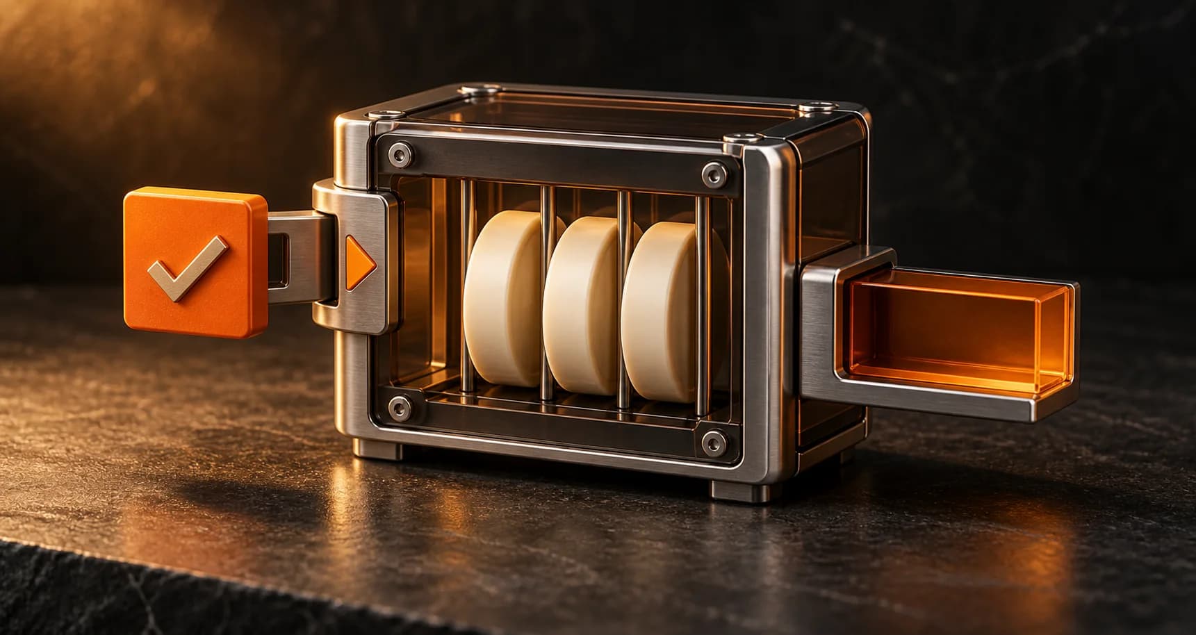 A smoked-glass escrow vault holds ivory value discs beside an orange work-approval key.