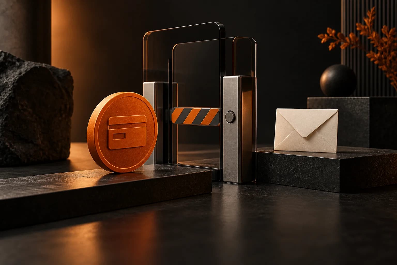A sculptural orange payment token passing through a smoked-glass API gate with a small closed mechanical barrier and ivory request envelope nearby