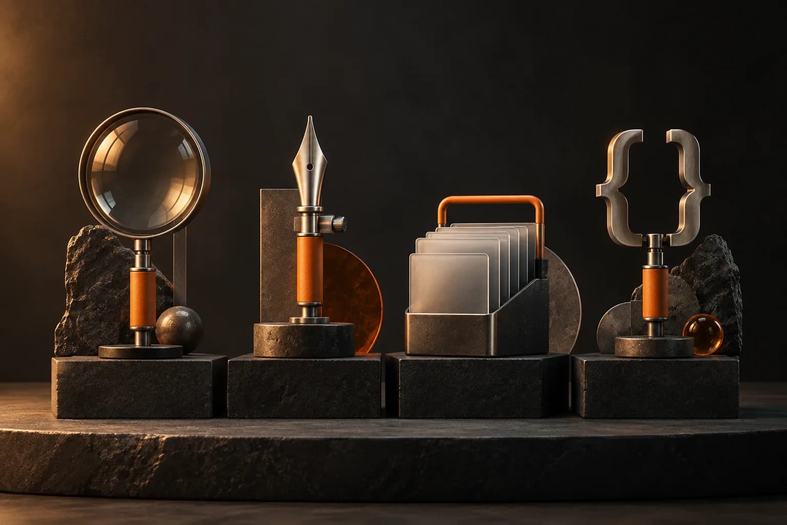 Four elegant modular tool stations on a charcoal platform: research lens, writing nib, data sorter and code bracket sculpture, unified by orange handles