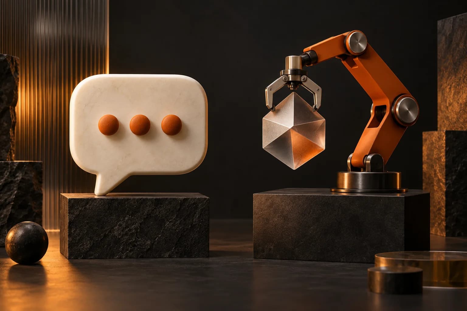Two sculptural stations side by side: an ivory speech bubble and an orange articulated tool arm holding a completed artifact, strong equal composition