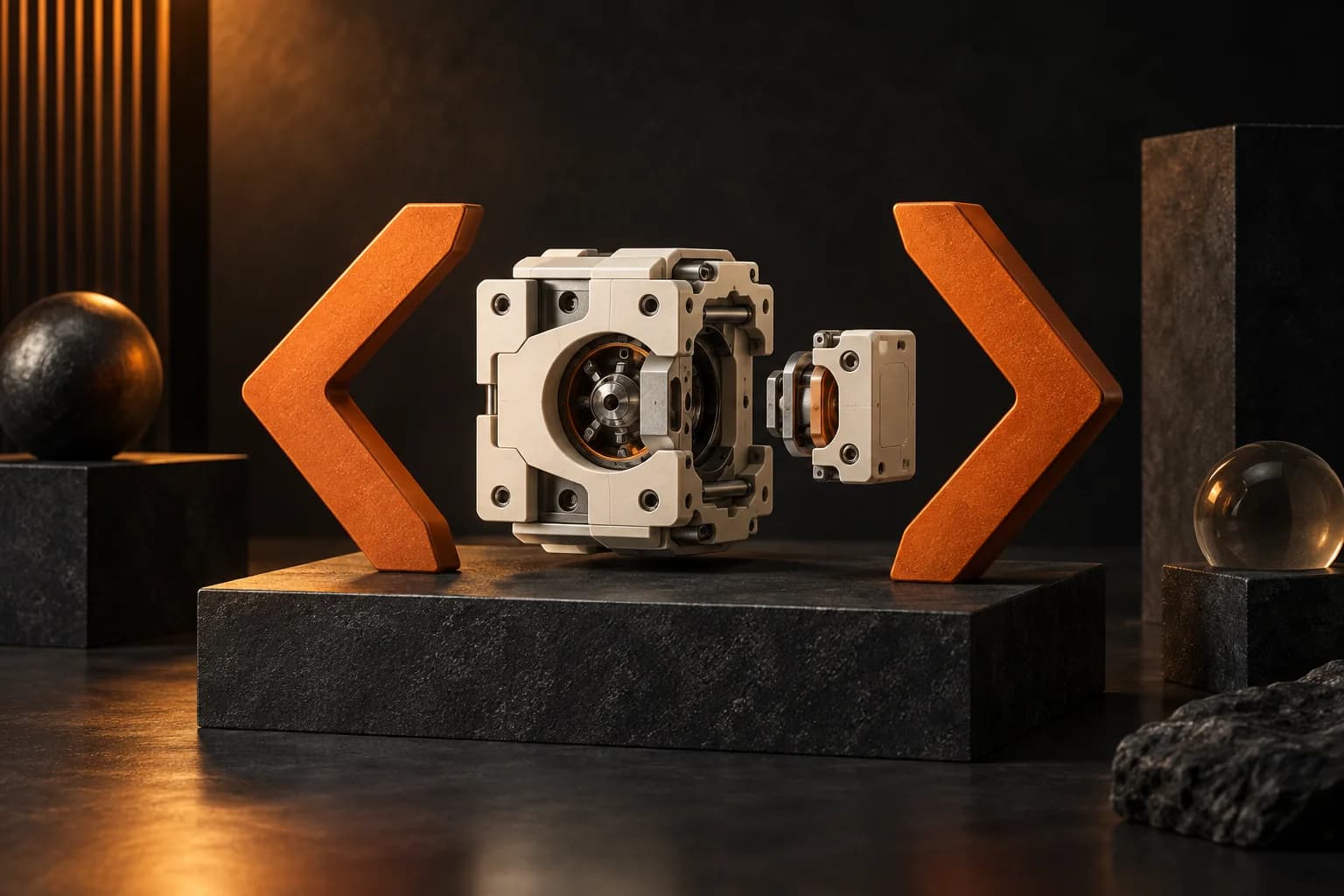 A pair of sculptural orange code brackets framing a precision ivory mechanical assembly with one replaceable module