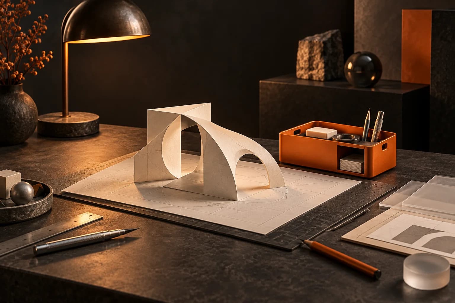 An elegant craftsperson desk still life with ivory drafting tools and a compact orange assistant tool module cooperating on one paper model