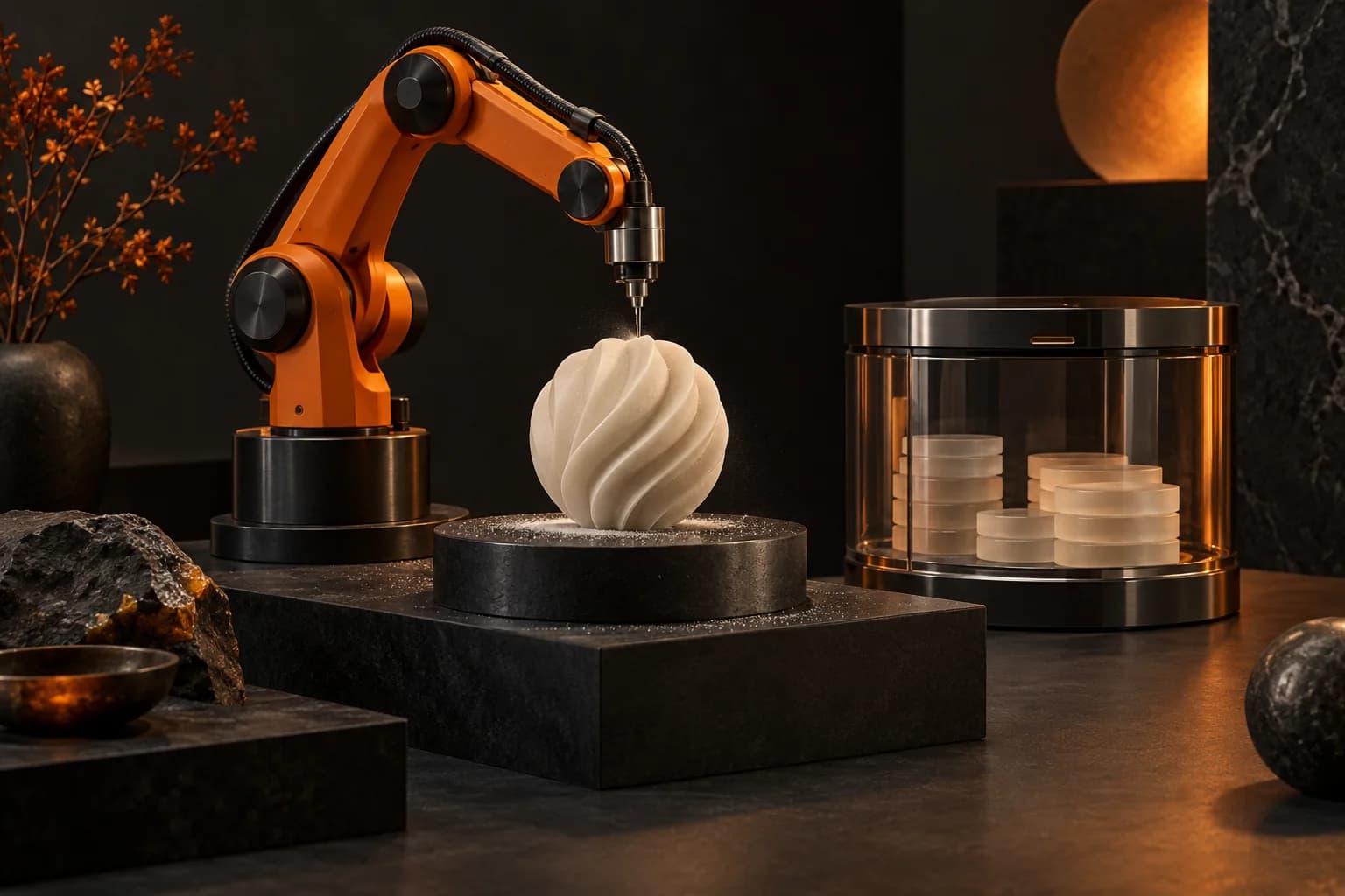 An orange autonomous work module completing an ivory artifact beside a transparent escrow compartment containing unmarked discs
