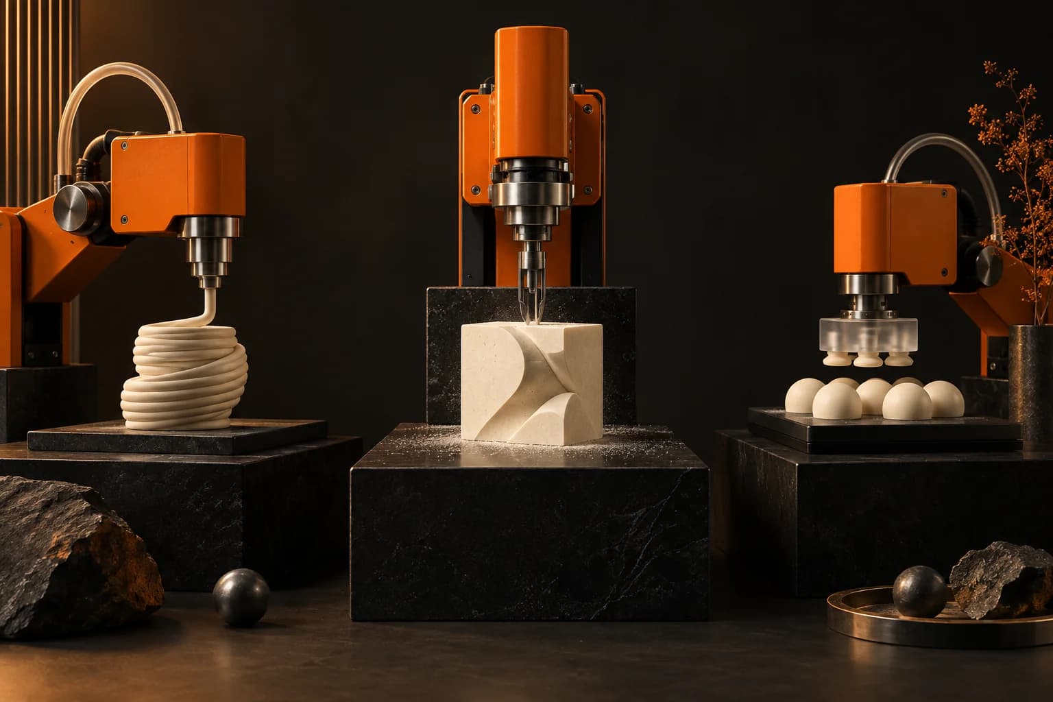 Three orange task modules with different attachments, each producing a distinct ivory output on separate black workstations
