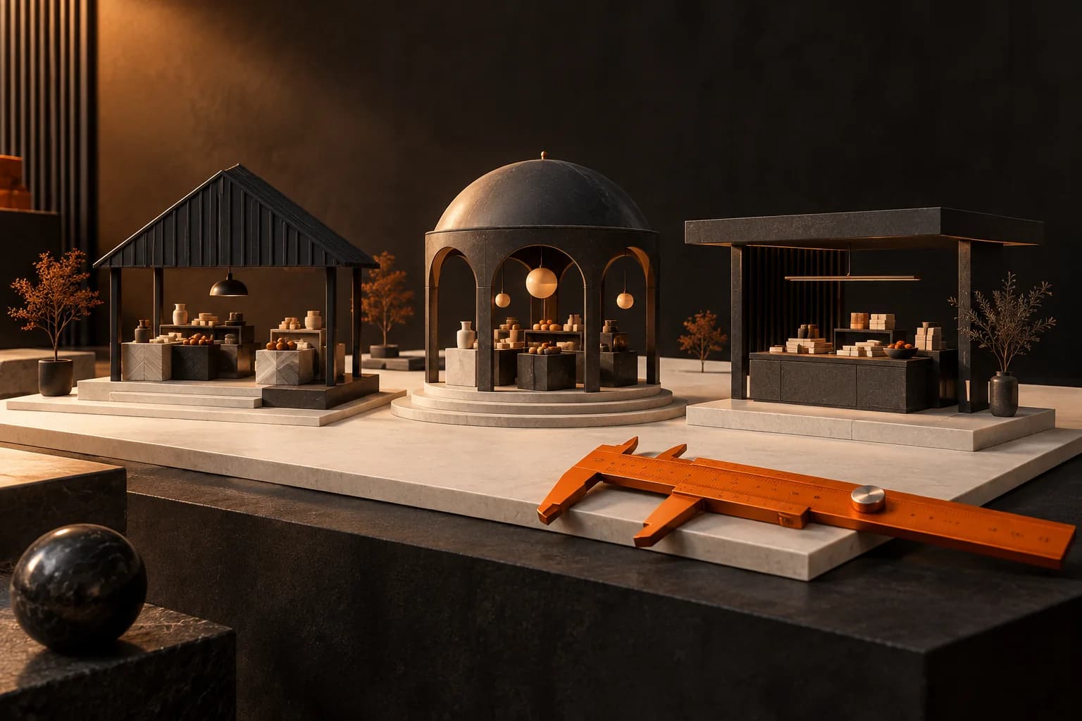 Three distinct charcoal marketplace pavilions compared on an ivory architectural model board with a single orange measurement caliper