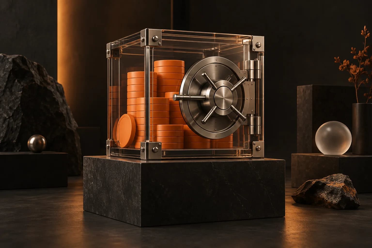 A transparent glass escrow vault with orange unmarked discs secured behind a visible mechanical latch on a heavy black pedestal
