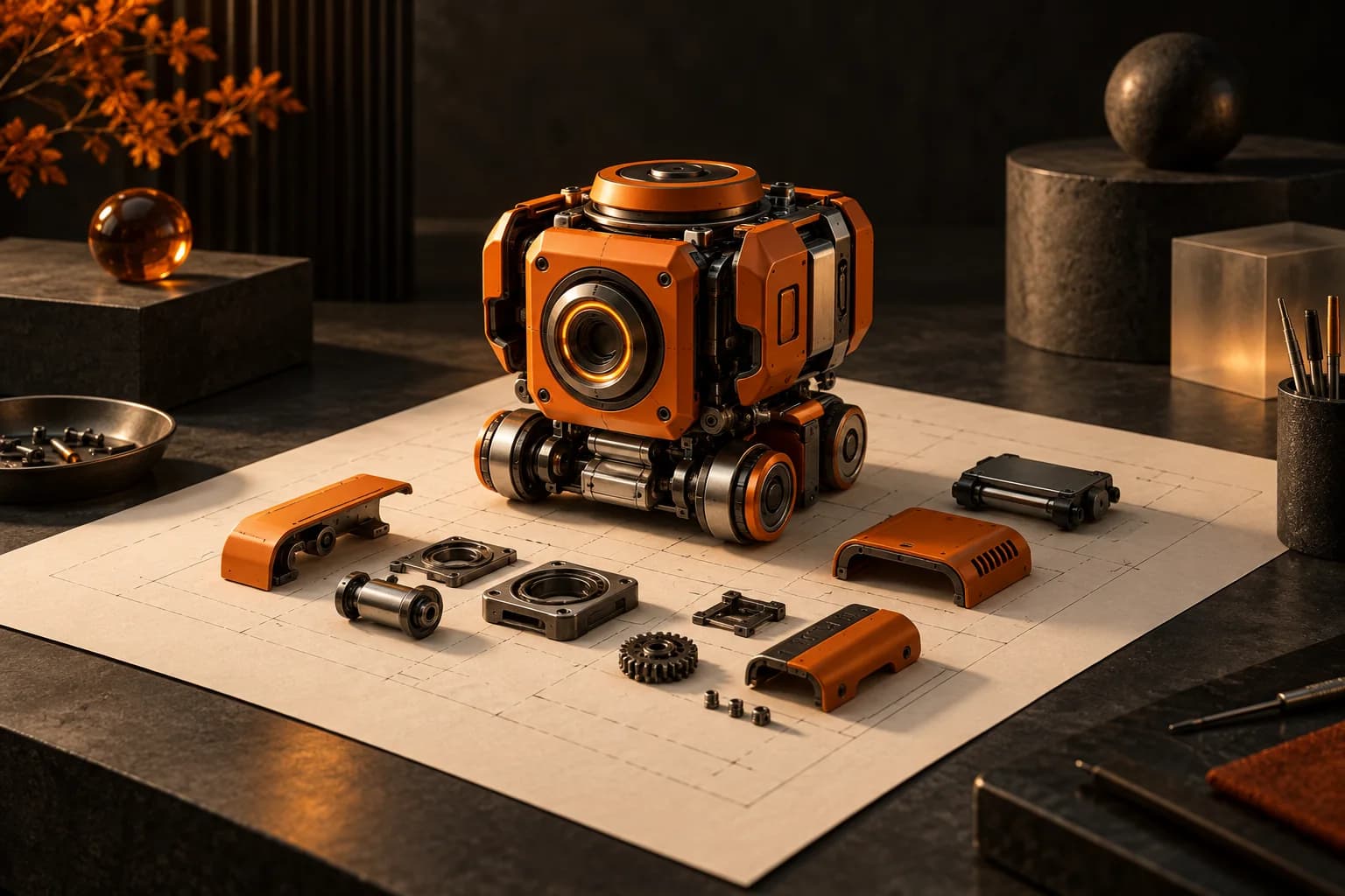 A compact orange autonomous worker engine assembled from modular mechanical parts on an ivory blueprint-like blank sheet