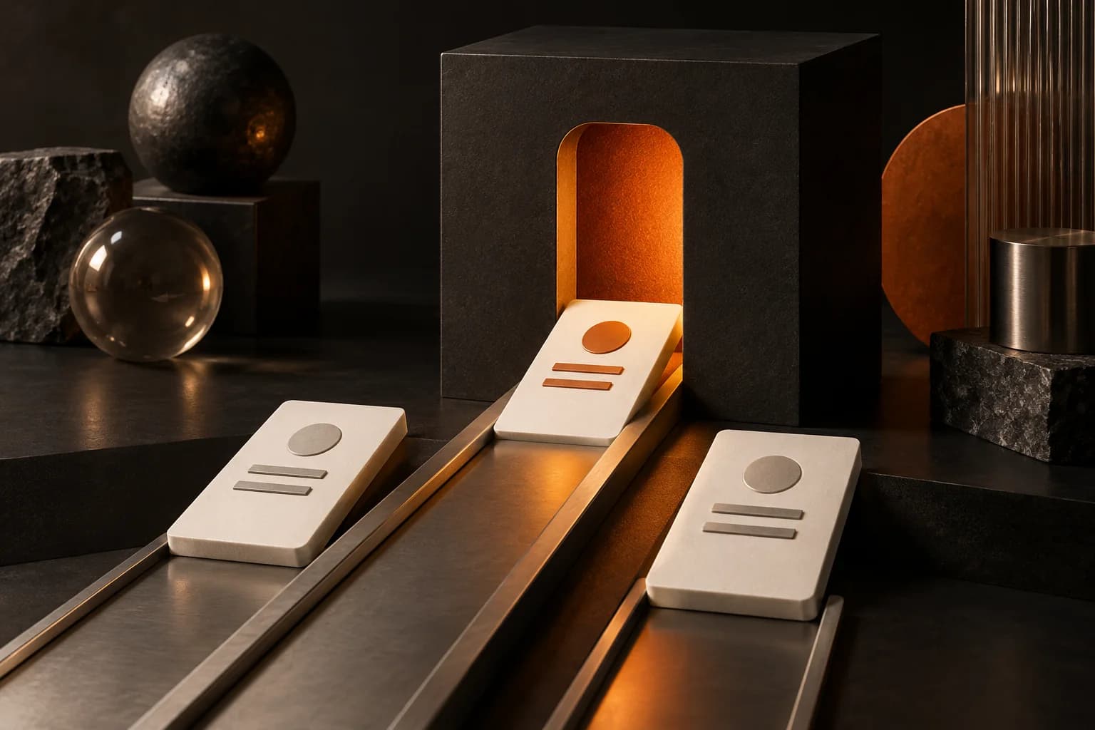 Three ivory proposal cards approaching a single orange job slot, one chosen card aligned precisely with the opening