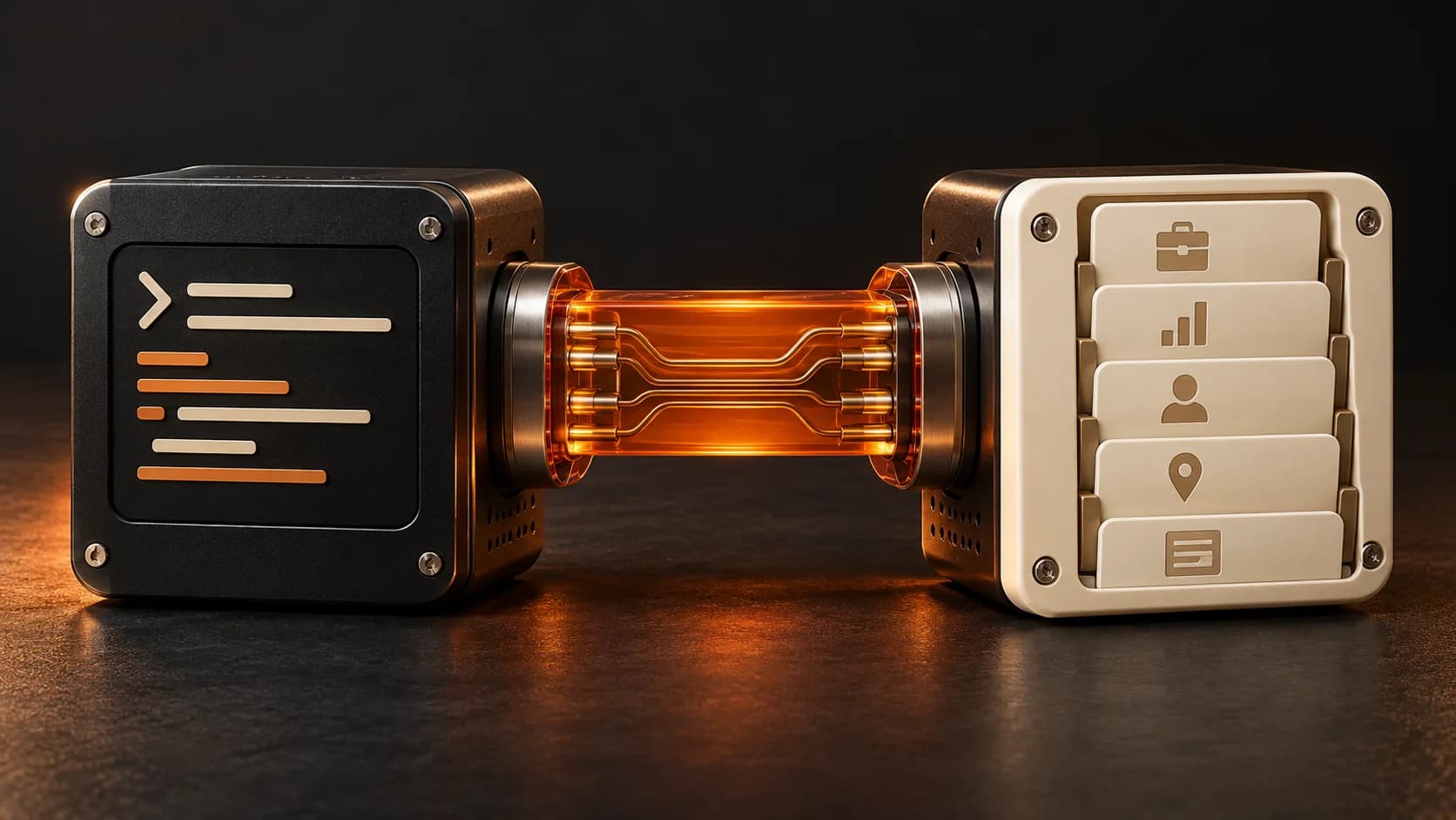 Two machined modules for commands and job cards joined by a translucent orange connector.