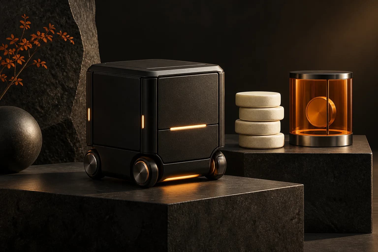 A black autonomous work module beside a balanced stack of ivory stable-value discs and an orange escrow chamber, no speculative market chart