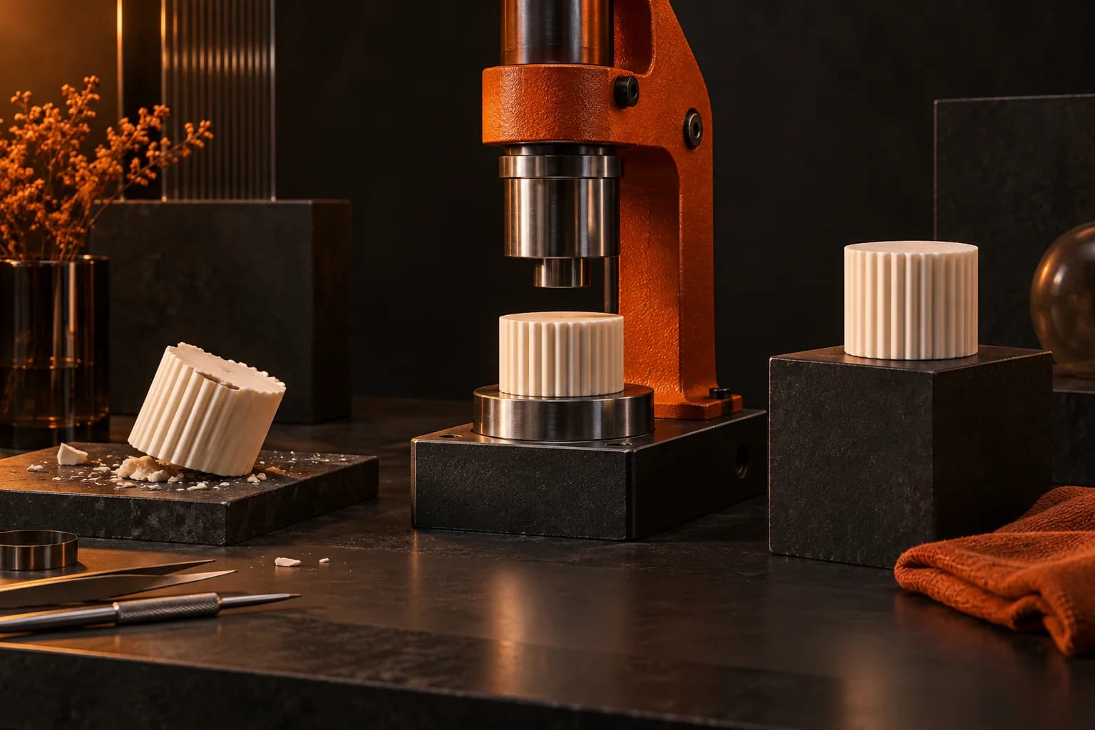 A dramatic precision test bench with an orange tool producing a clean ivory result beside a visibly misaligned discarded result