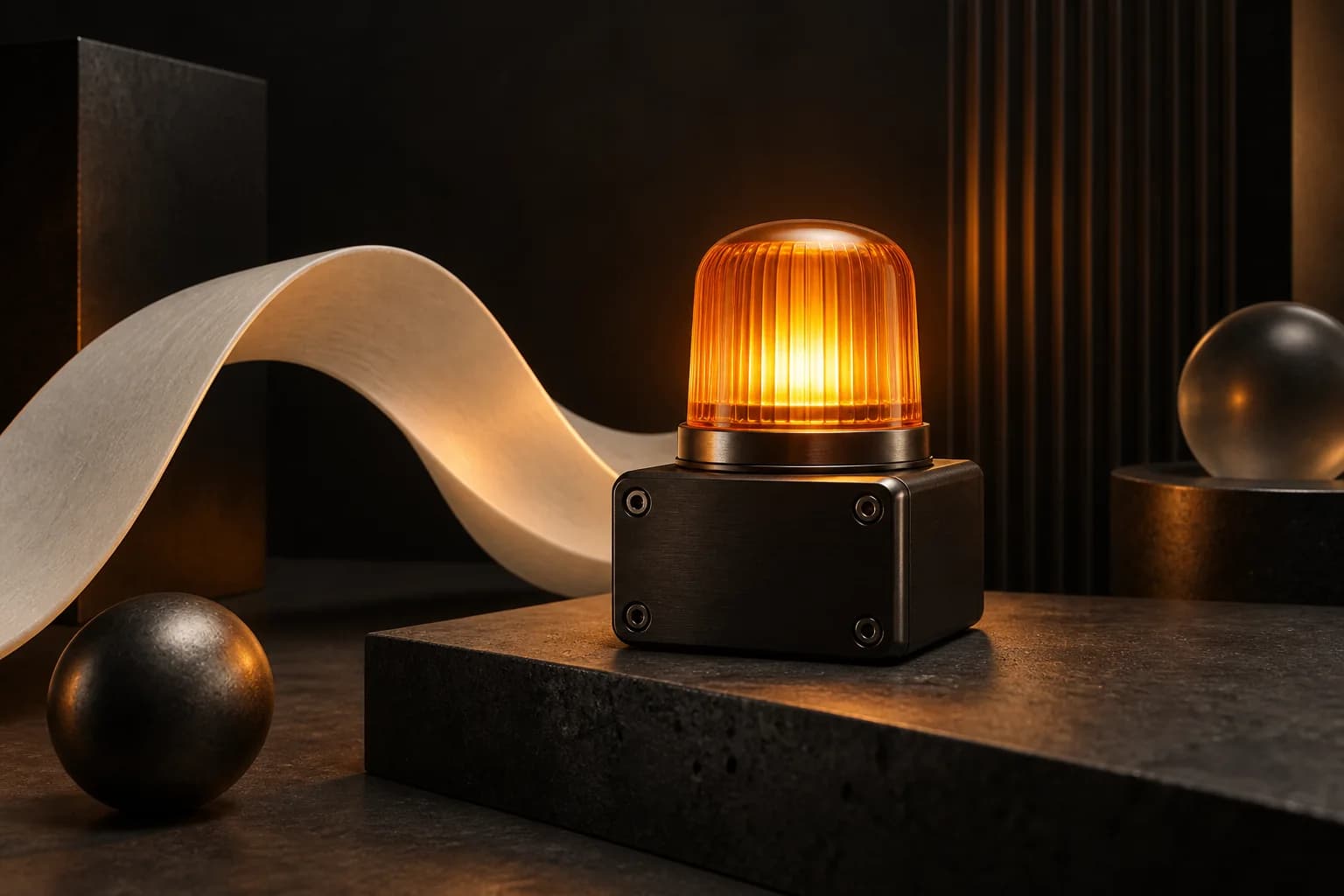 An orange illuminated pulse beacon on a compact black work module beside a sculptural ivory wave ribbon