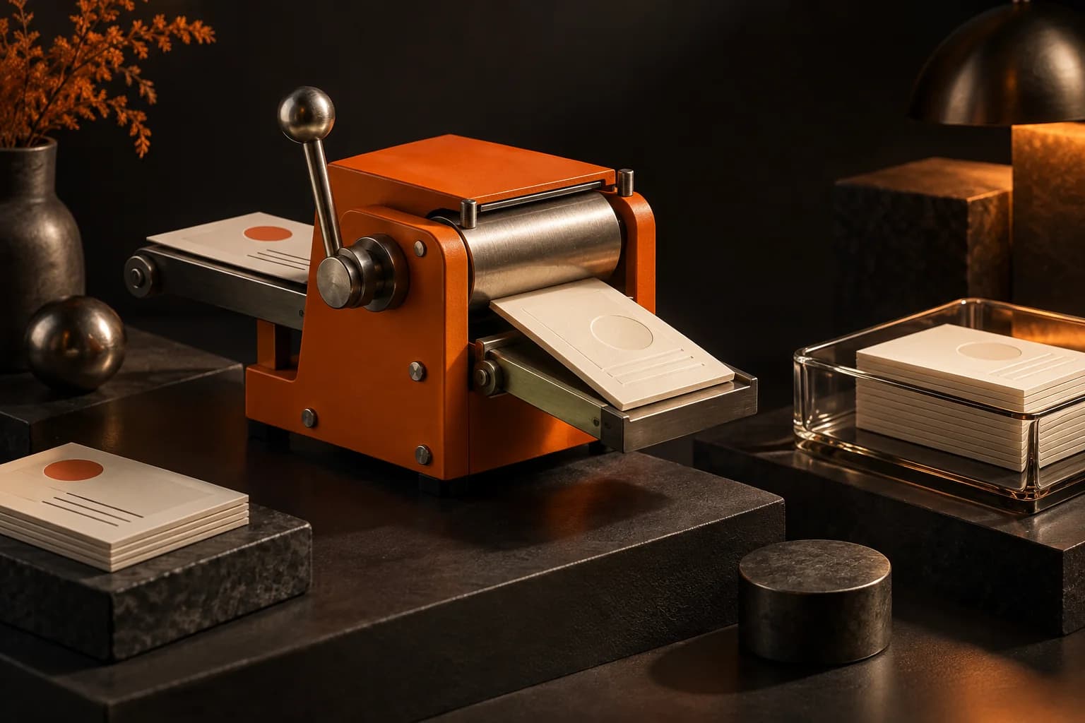 A miniature orange workbench transforming a brief card into a finished ivory deliverable beside a glass settlement tray