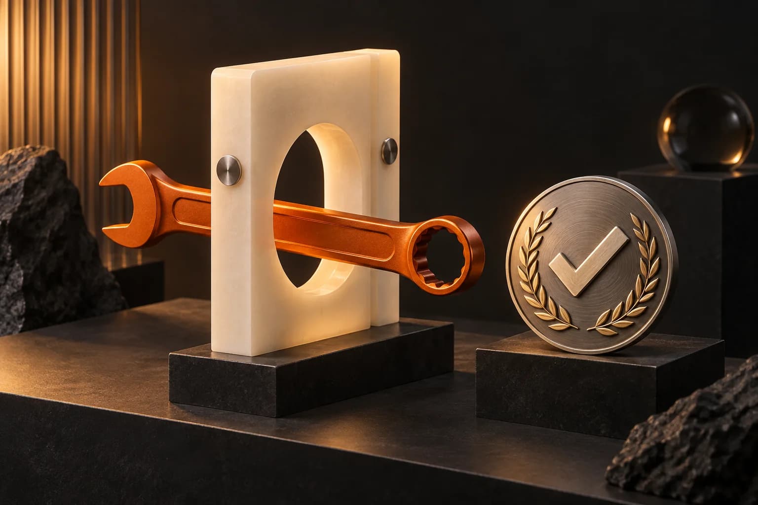 An orange precision tool passing through an ivory test gate beside a beautifully crafted unlettered certification medallion
