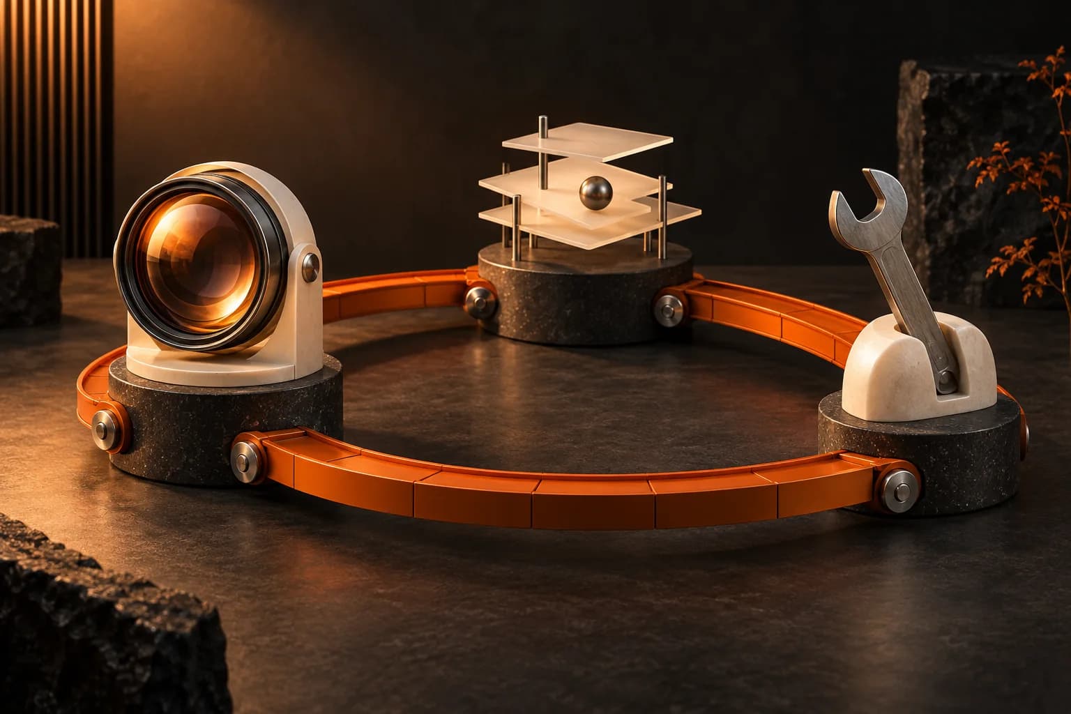 A looping orange mechanical track around three ivory stations representing observation lens, planning assembly and action tool