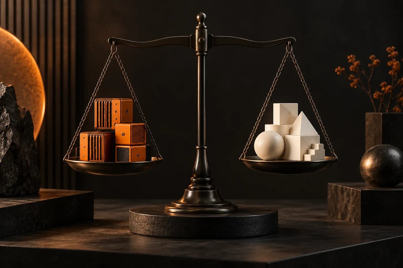 A beautiful black balance scale comparing orange compute modules on one side with ivory task output pieces on the other