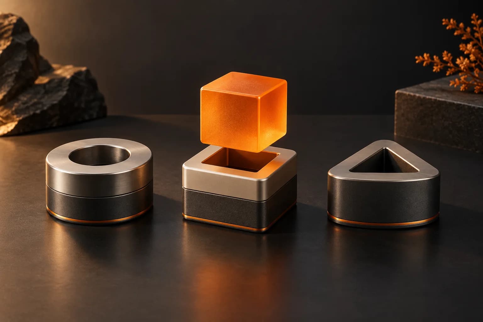 An orange job cube matches the square socket of one of three precision-machined tool modules.