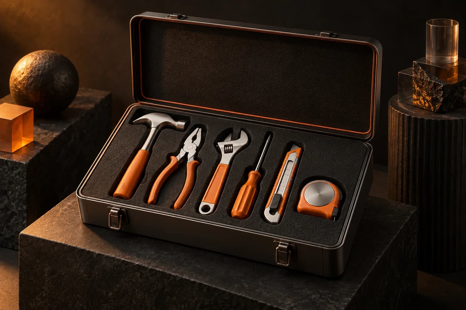 An open charcoal tool chest with six elegant orange and ivory task instruments, each fitted into a distinct shaped compartment