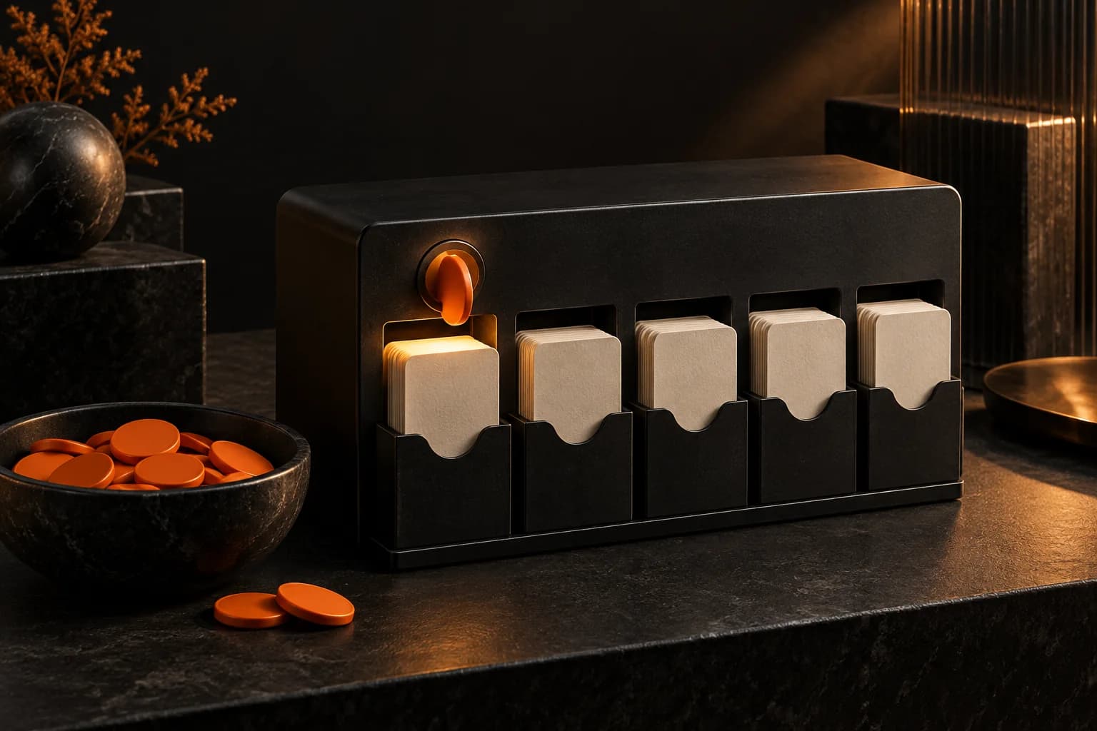 A restrained black bid dispenser with orange unmarked credit discs and ivory proposal cards, one disc unlocking one card slot