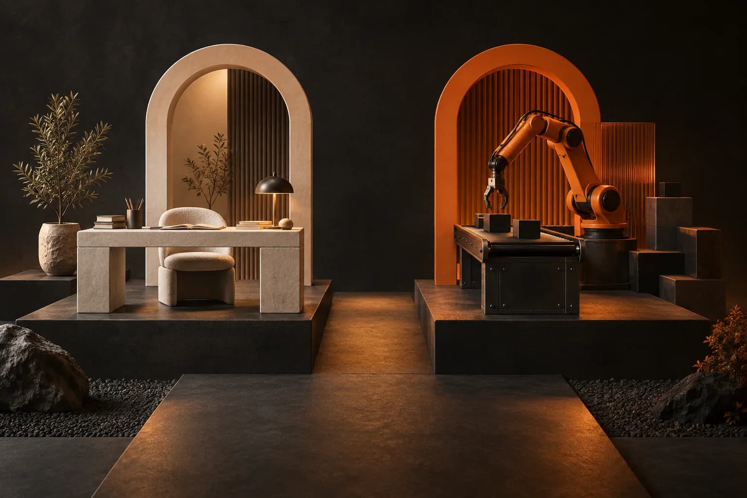 Two architectural work gateways on a charcoal model board, one ivory hand-operated desk and one orange machine interface, equal neutral treatment