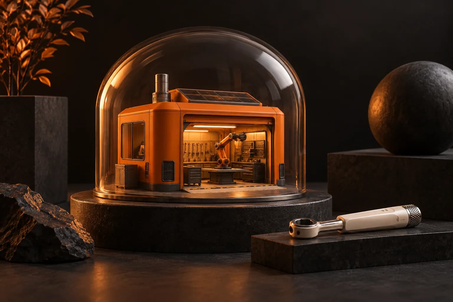 An orange compact autonomous workshop under a glass dome with an ivory maintenance tool deliberately placed beside it
