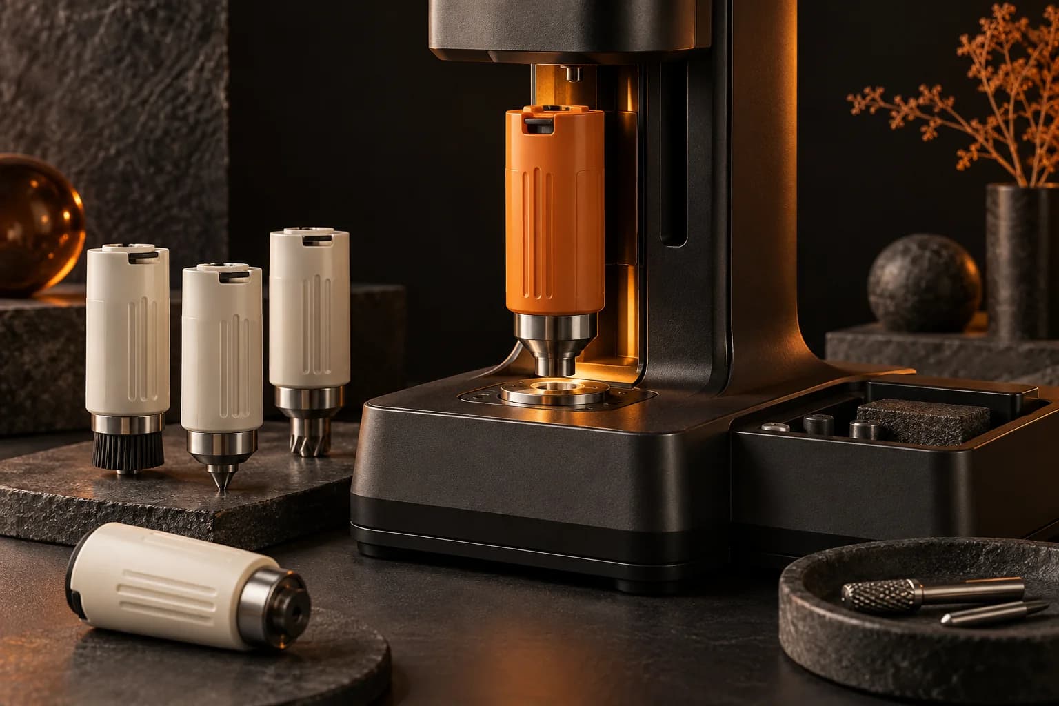 An orange interchangeable tool cartridge being fitted into a sleek black task workstation with several idle ivory cartridges nearby