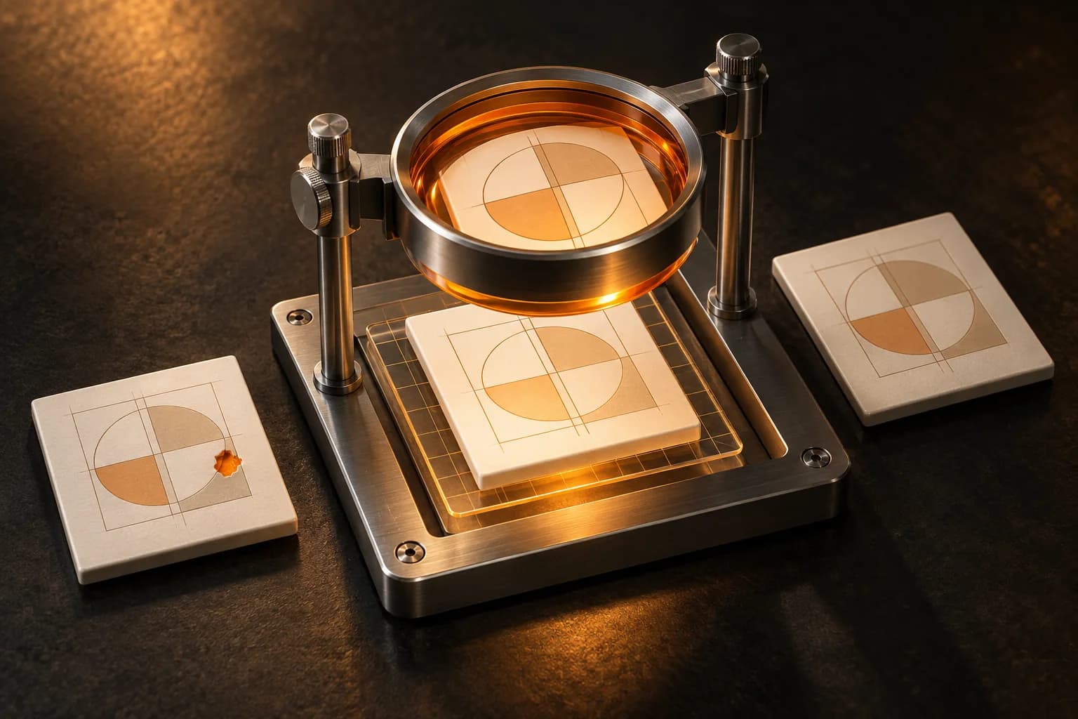 An orange inspection lens aligns an ivory document pattern with a reference grid on a metal platform.