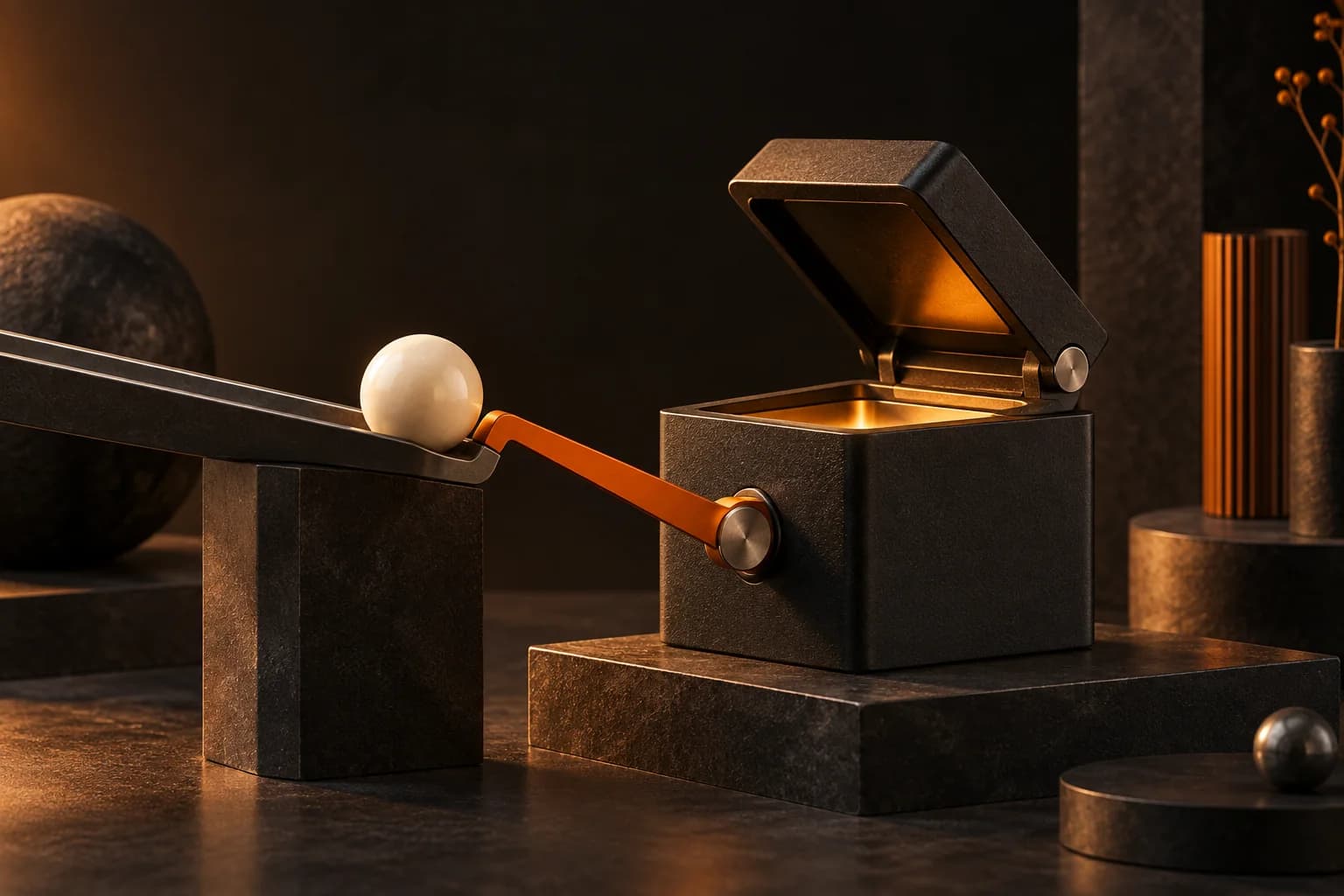 An ivory event capsule triggering a precise orange lever that opens a compact black receiver module, sculptural event delivery
