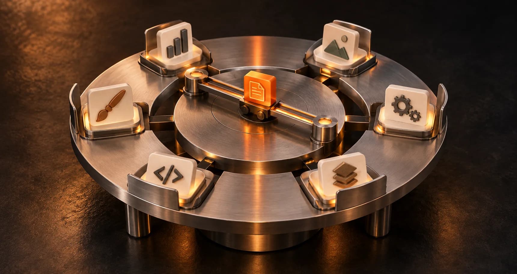 A miniature circular exchange with six task stations and an orange job tile traveling along a central rail.