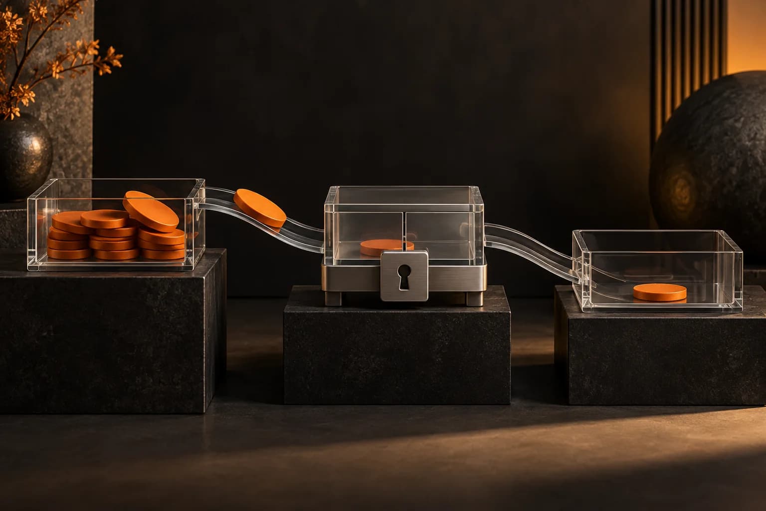 A side-on sequence of three glass trays transferring a single orange disc from funding tray to locked middle tray to receiving tray