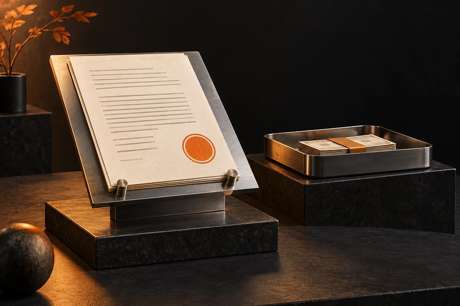 A manuscript on a steel inspection stand with an approval seal shaped as a simple orange circle and a payment tray beyond it