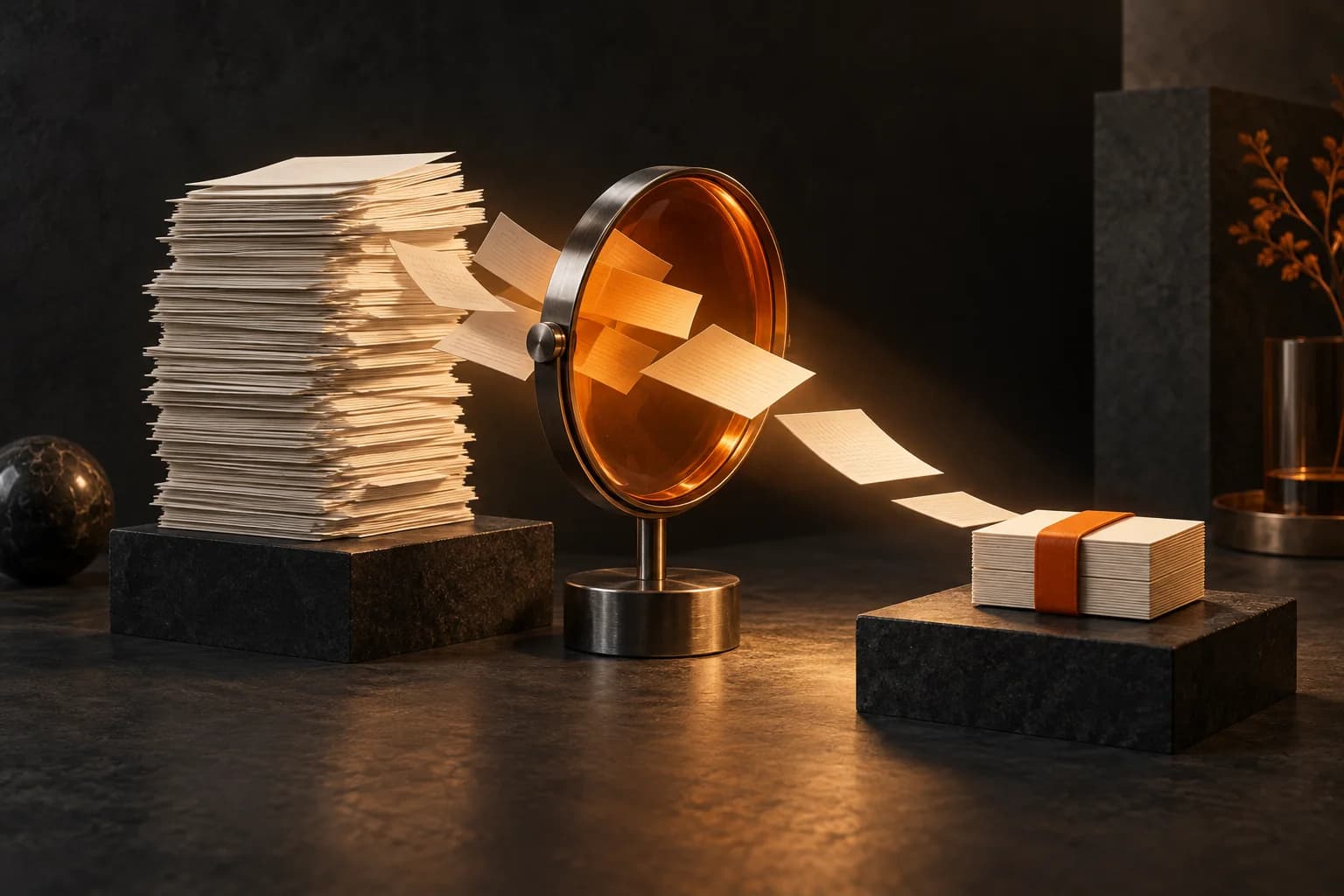 An orange research lens focusing on an ivory stack of blank source cards and yielding a smaller neatly bound summary stack