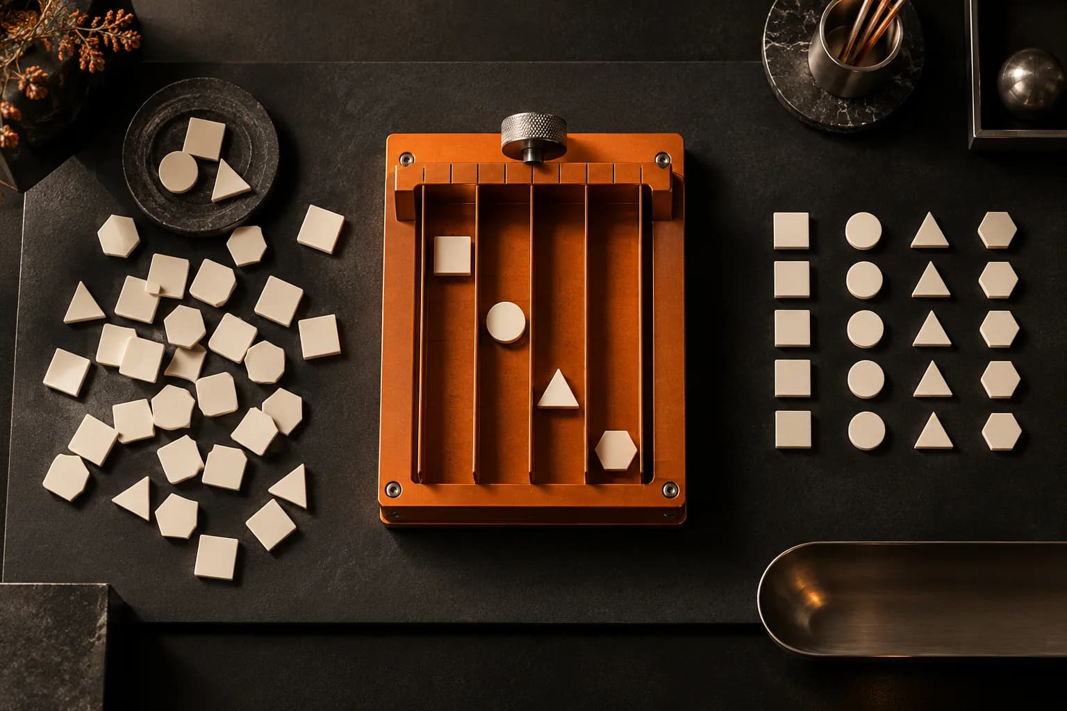 An overhead black drafting board with a small messy assortment of ivory data tiles on the left, an orange precision sorting jig in the center and orderly rows on the right