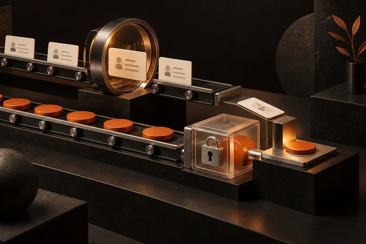 Two separate parallel rails on a black plinth: one carrying an ivory job record card through a review lens, the other carrying an orange disc through a transparent lock chamber, joined only at the release point