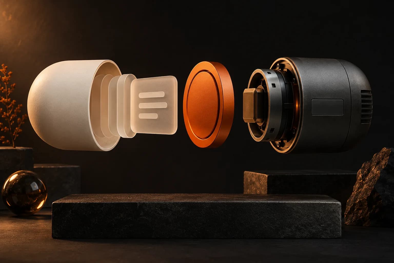 An exploded-view still life of an ivory request capsule, an orange payment disc, and a dark service module arranged in a purposeful left-to-right sequence