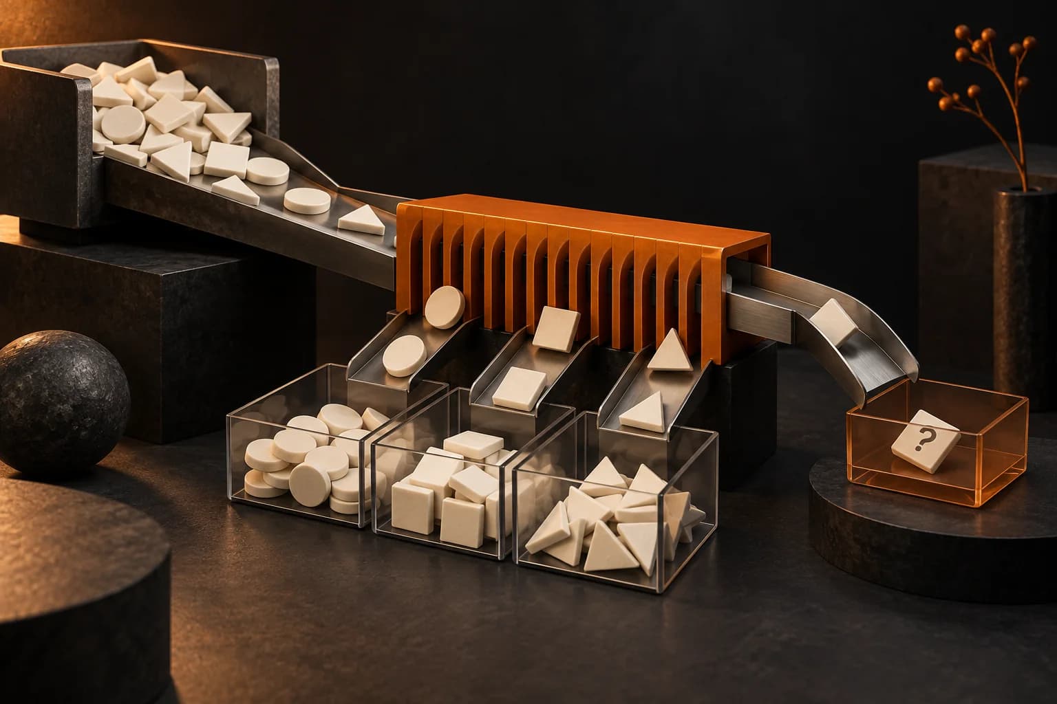 Ivory raw-data tiles passing through a selective orange sorting comb into clear separate trays, with one uncertain tile set aside