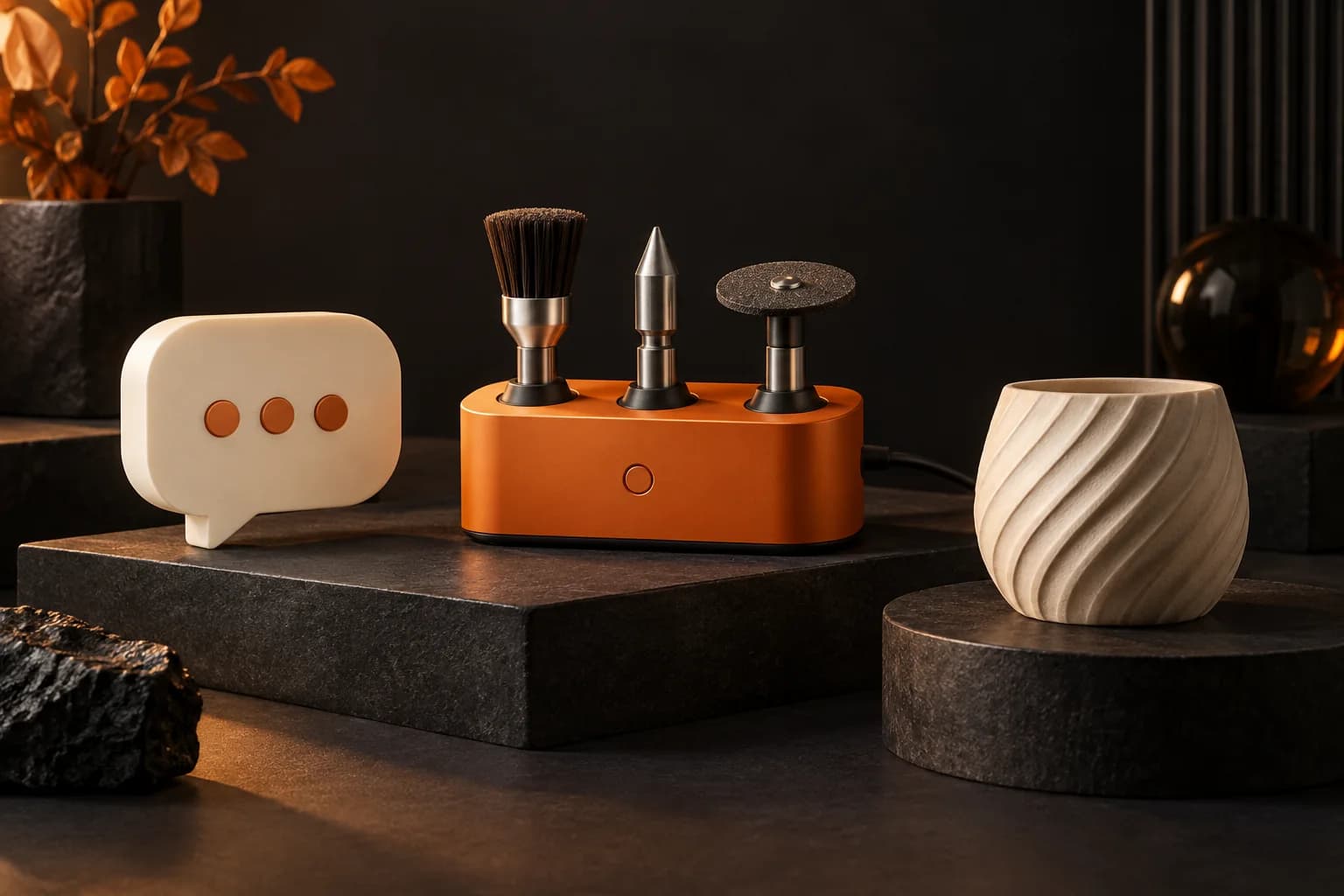 A compact ivory conversational bubble next to an orange connected tool dock with three distinct physical attachments and a finished object