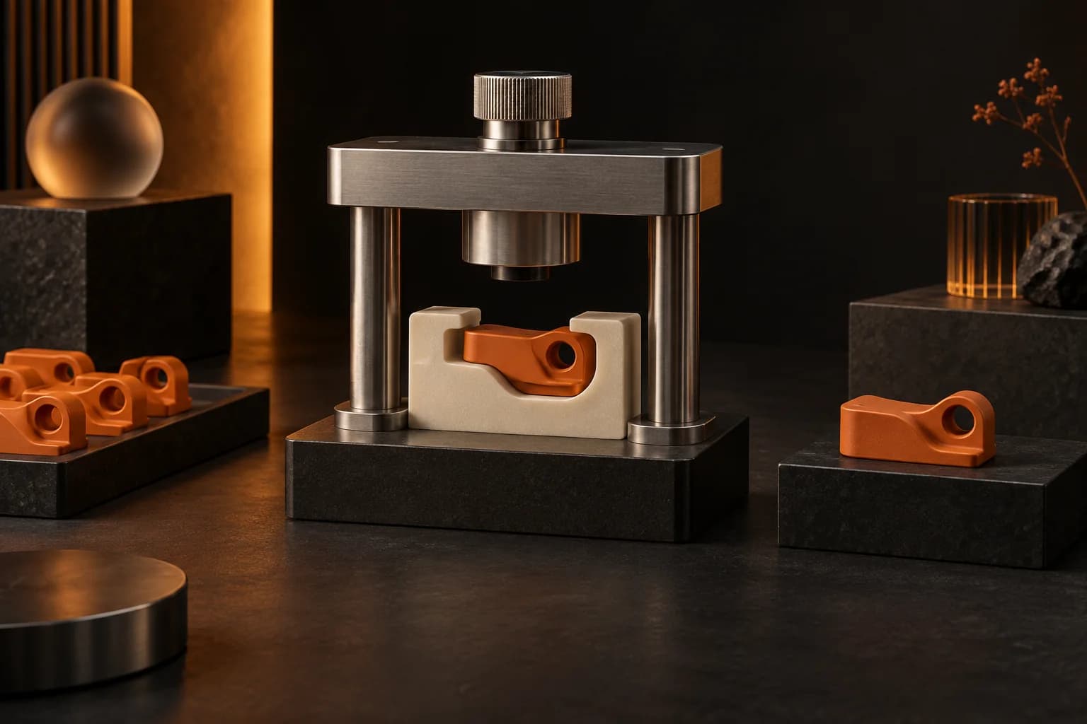 A brushed steel testing jig checking a small orange component against an ivory reference shape, rejected mismatched component aside