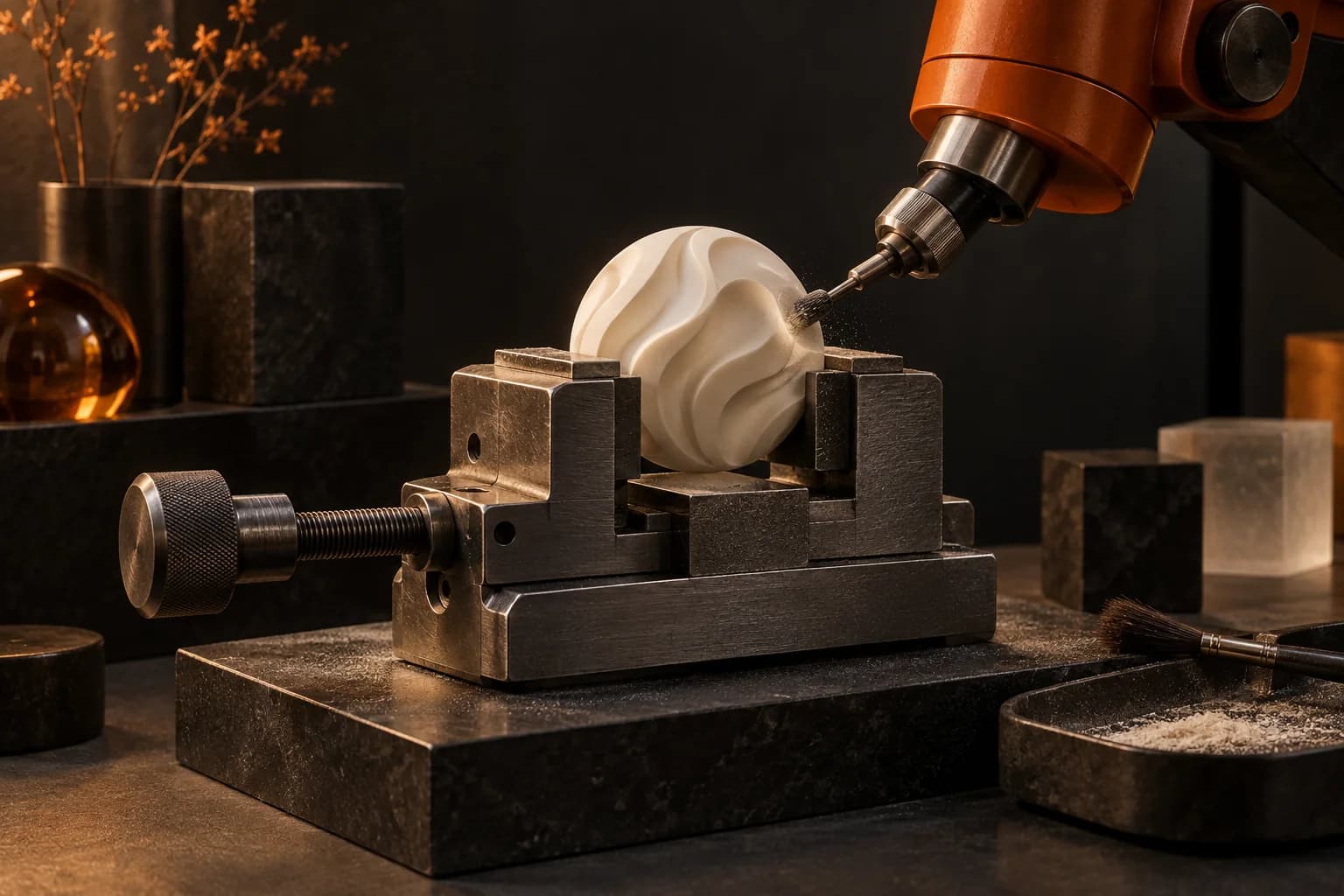 An ivory creative model held in a precision vise while an orange mechanical tool performs a small supporting operation