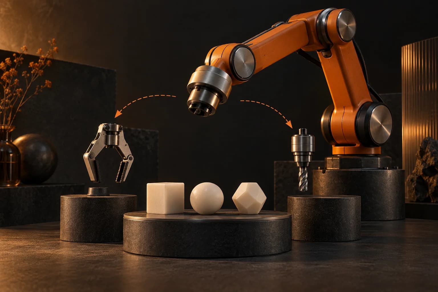 An orange adaptive switching arm choosing between two tool attachments as an ivory input piece changes shape