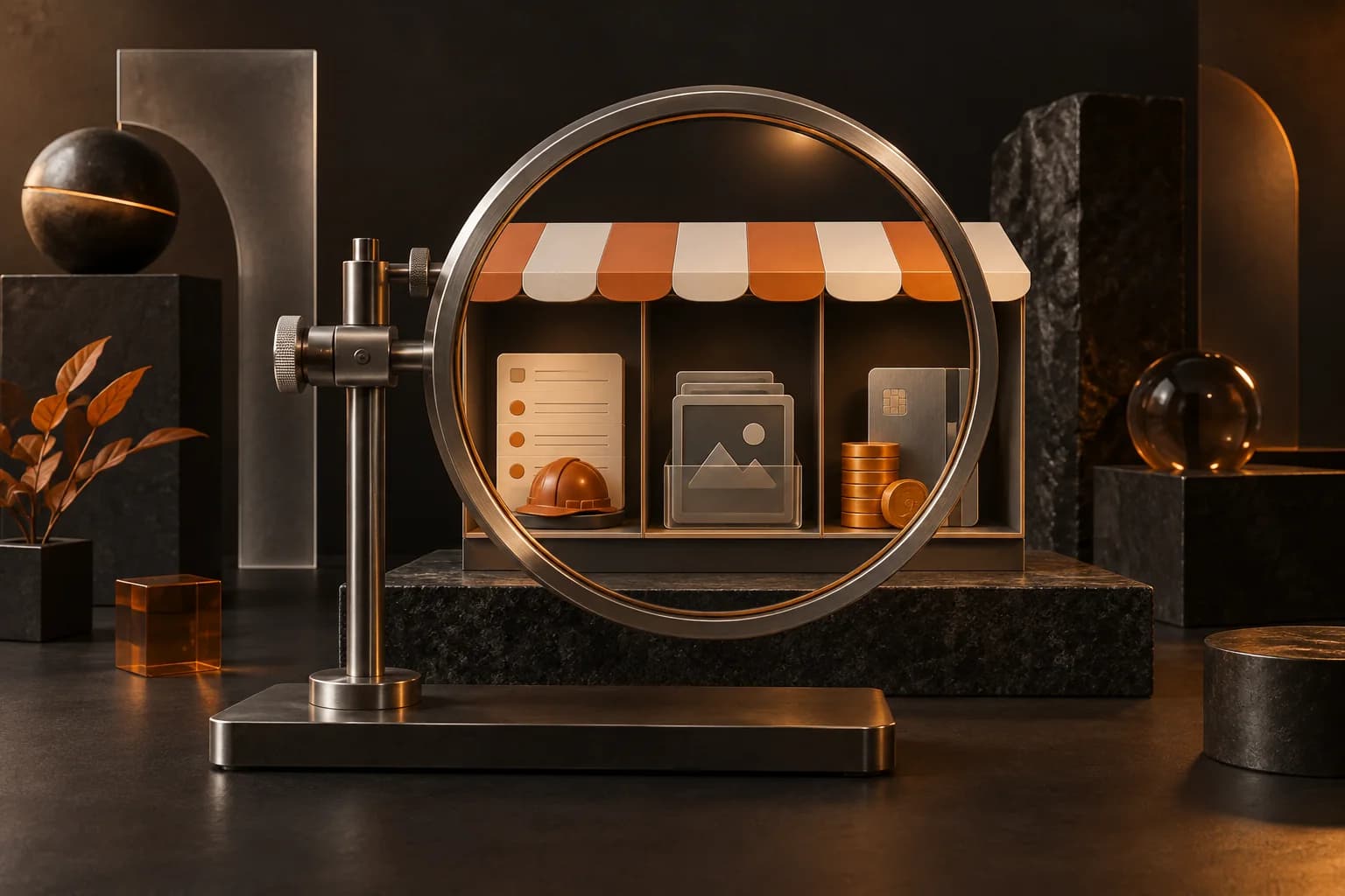 A precision inspection frame examining an open marketplace module with separate bays for tasks, evidence and payment