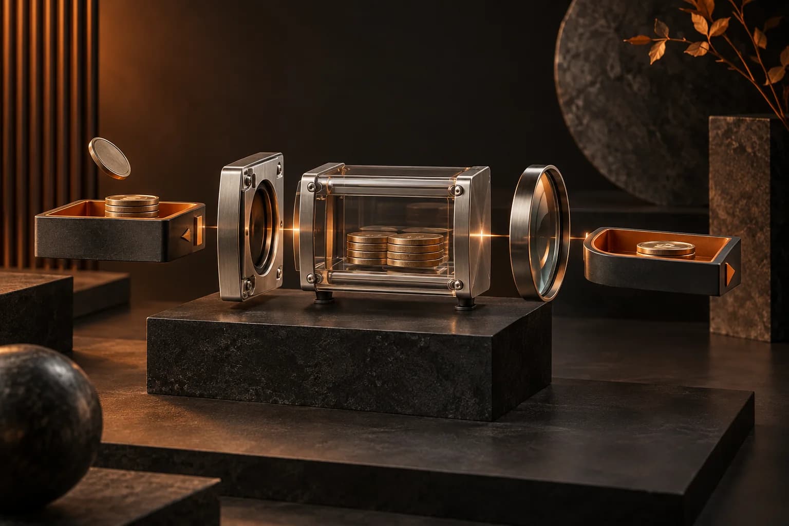 An exploded view of the escrow vault with funding tray, closed transparent holding chamber, review lens and payout tray