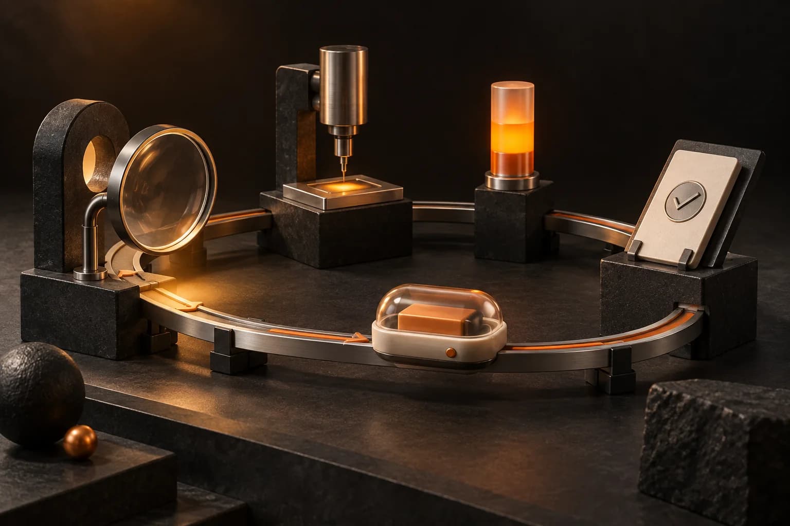 A circular track carrying a task capsule past a discovery lens, work tool, progress beacon and review stand