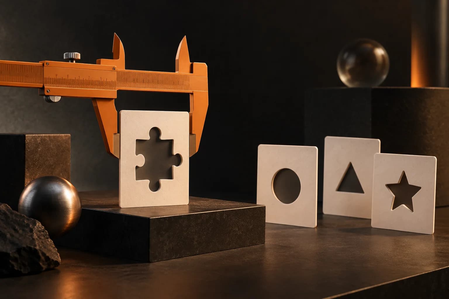 An orange caliper matching a proposal card with a task-shaped cutout while unsuitable cards rest separately
