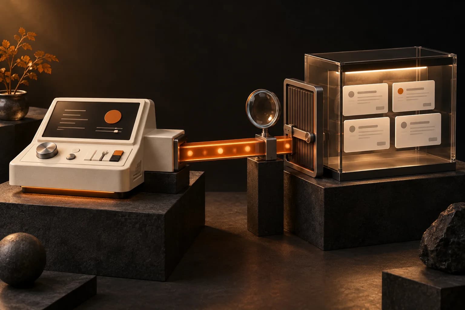 An ivory command console connected by one orange bridge to a clear marketplace display containing blank job cards, with a small inspection lens and closed action gate