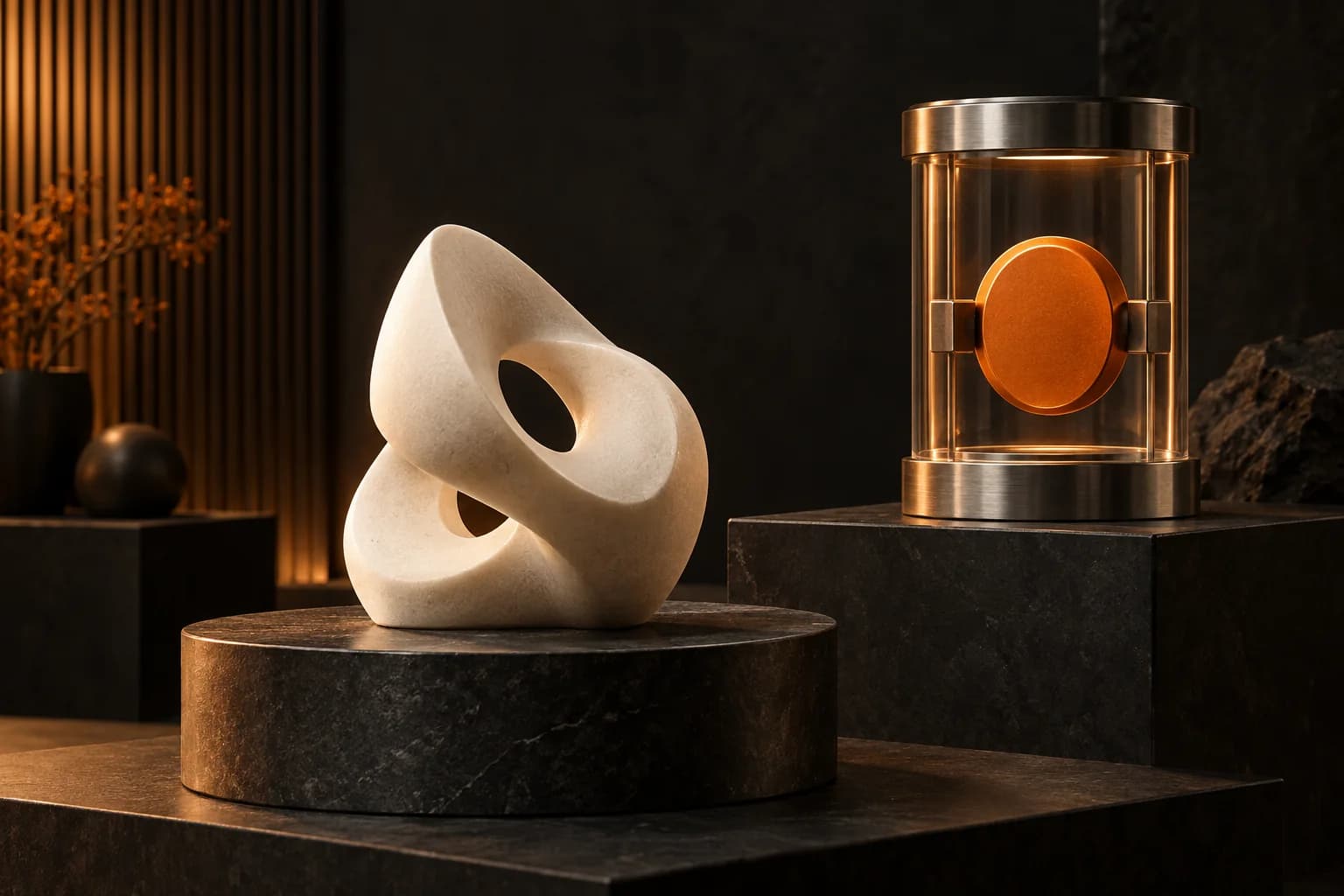 A completed ivory artifact resting on a review plinth while an orange payment disc remains held in a clear chamber